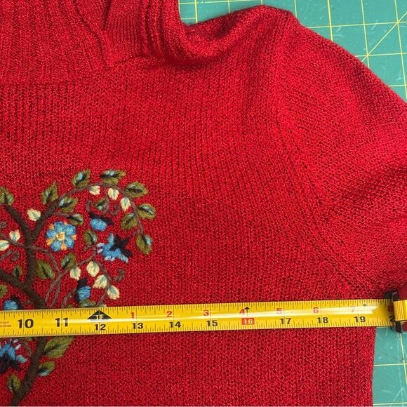 Coldwater Creek Embroidered Sweater Red Cottagecore Heart Tree Floral Sz Medium - Picture 8 of 12